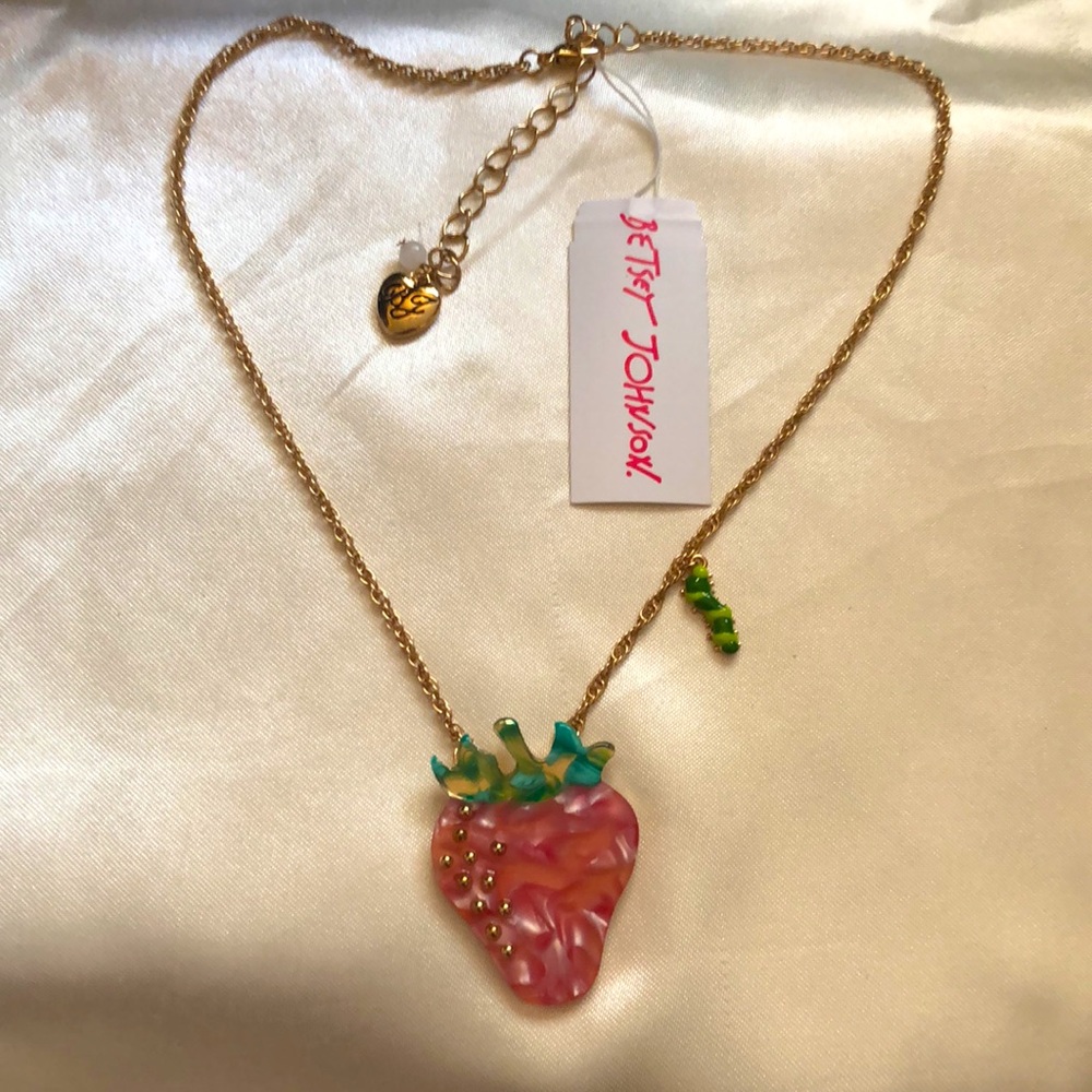 Betsey Johnson Gold Tone Enchanted Garden Strawberry Pendant Necklace NWT